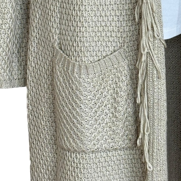 Chico’s Tan Ribbon Knit Fringe Longline Open Cardigan Size: L (Chico's 2) - Picture 8 of 13